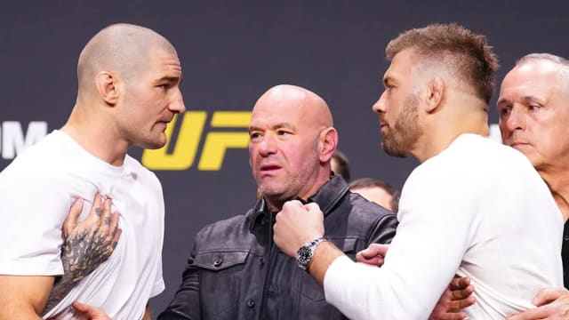 UFC middleweight champion Sean Strickland and Dricus Du Plessis get heated during a press conference.